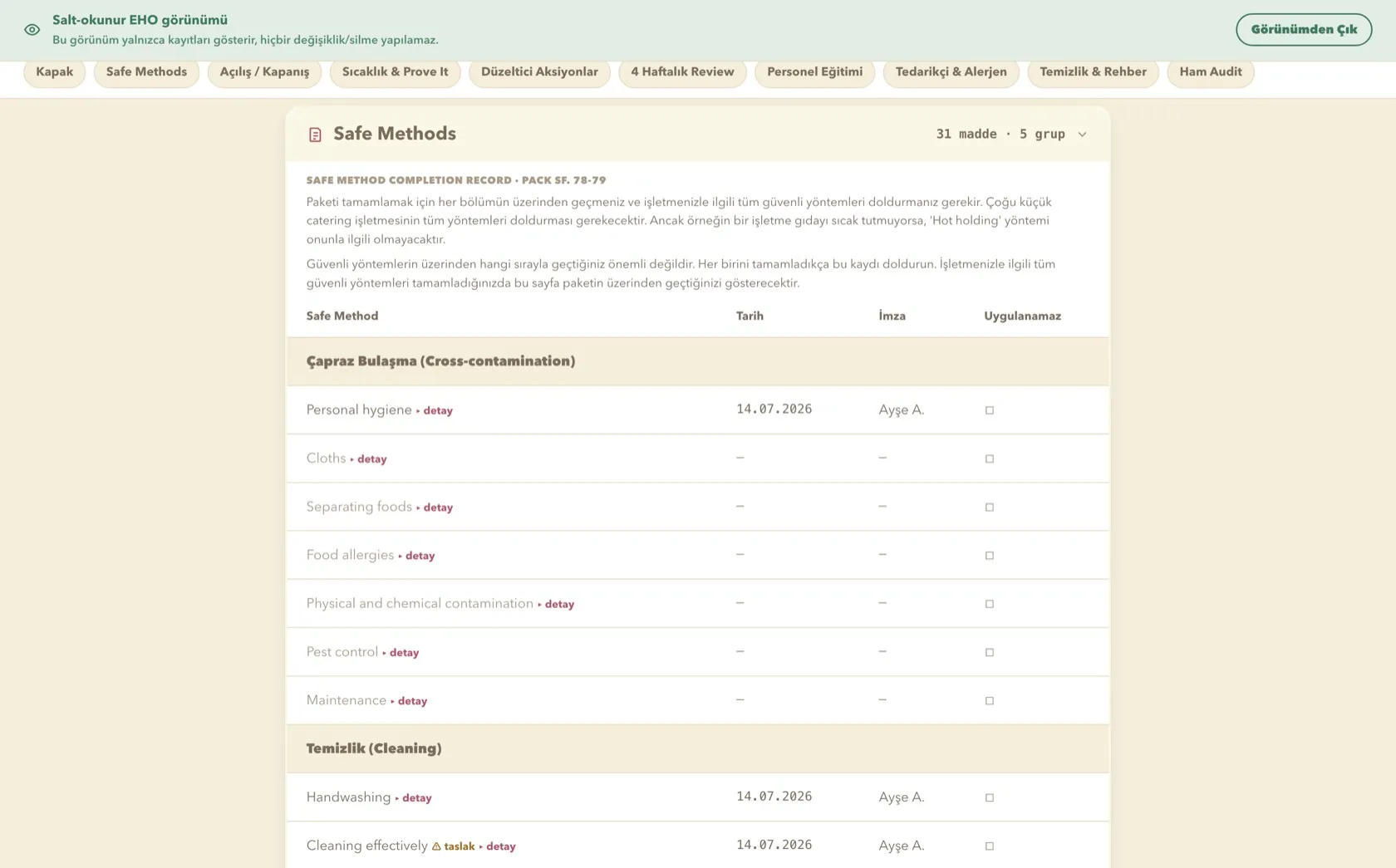EHO View: Safe Methods section open